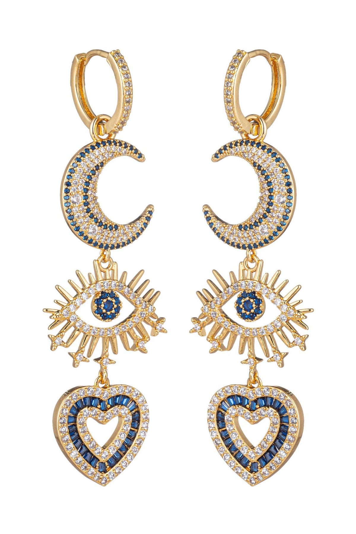 Boucles d'oreilles Lune, Œil & Cœur – Créole Dorée & Cristaux CZ Bleu Saphir – photo 2 – Miss Cappuccino