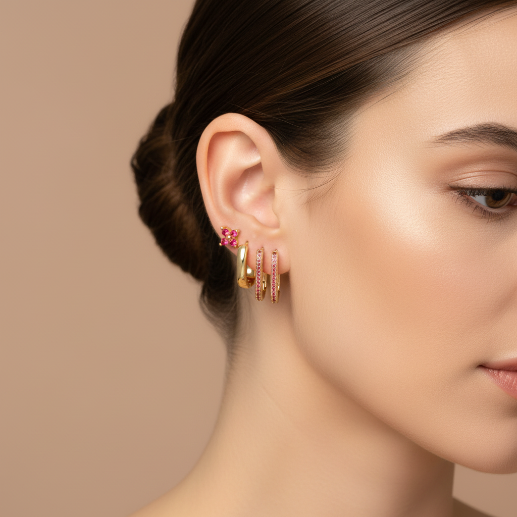 Sophia – Ensemble 4 Bijoux d’Oreilles Rose Rubis & Or