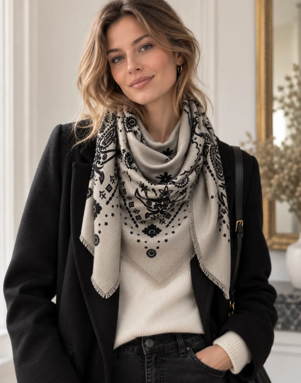 Foulard Grand Carré Lainé paisley: Taupe