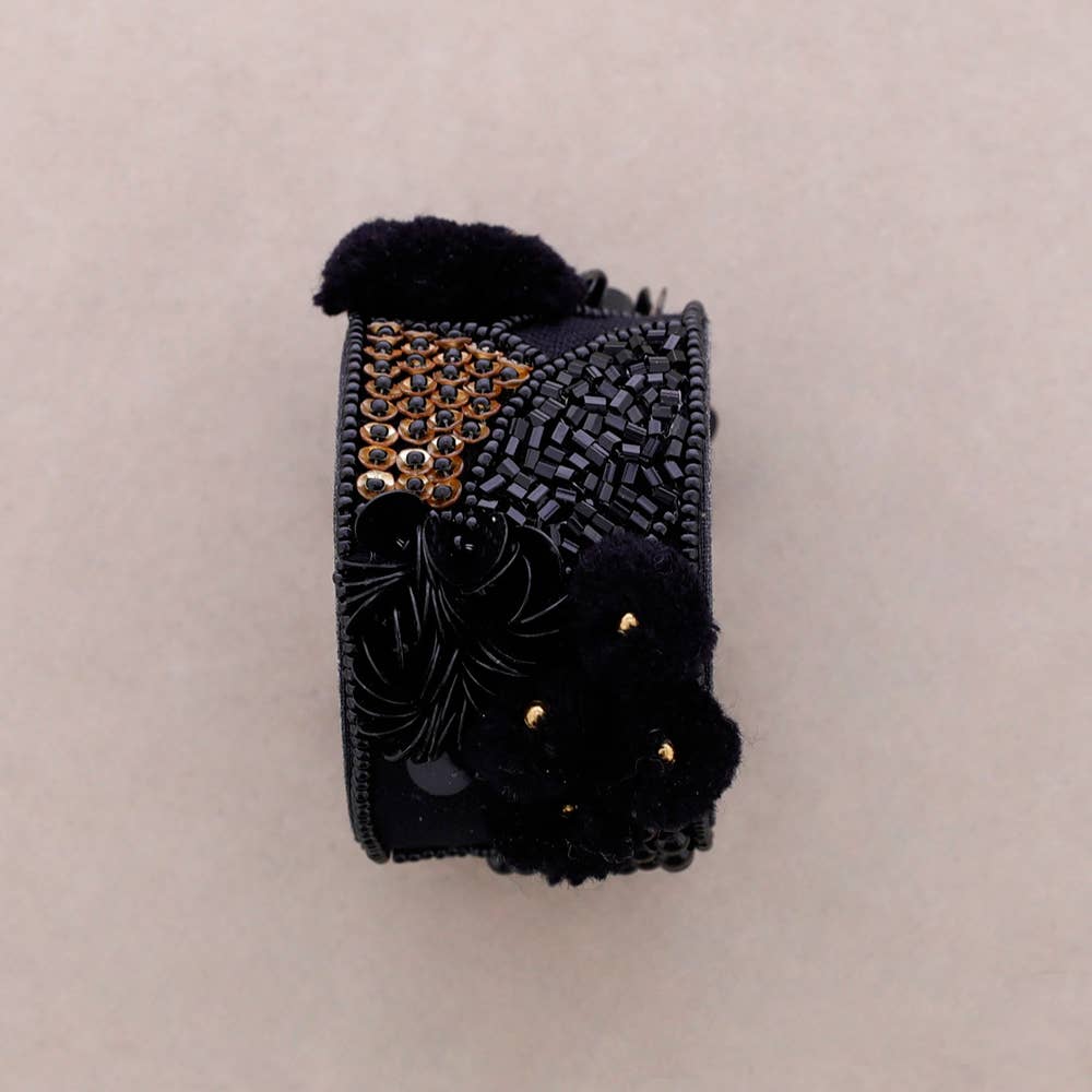 Bracelet réglable à sequins et pompons: Noir