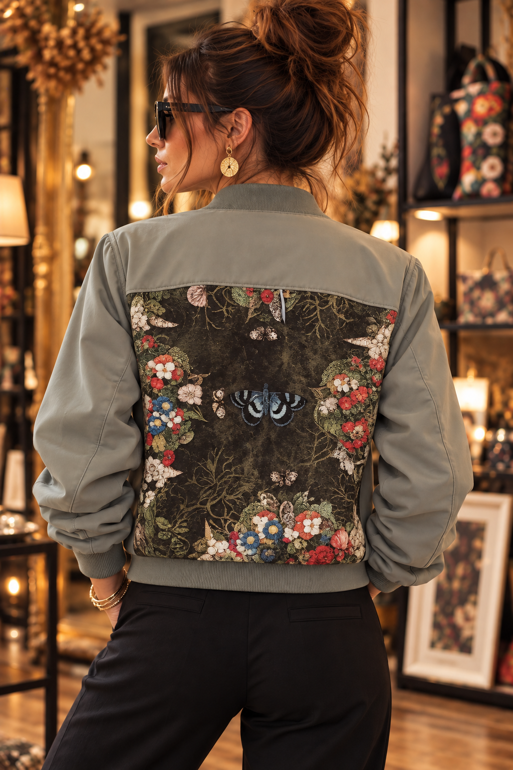 Veste bomber kaki oversize – pièce unique Miss Cappuccino x Voglio Bene – vue de dos sur modèle