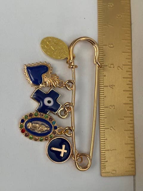 Ex voto brooch, religious medal brooch, lucky charm safety pin brooch, handmade cross and miraculous virgin with love.