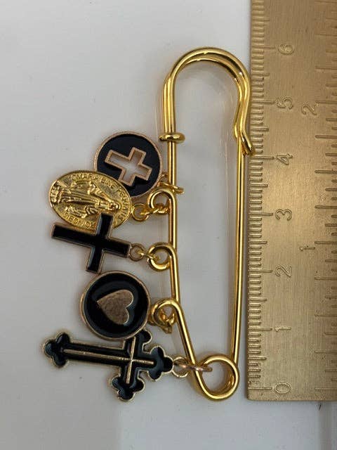 broche croix médaille religieuse noir