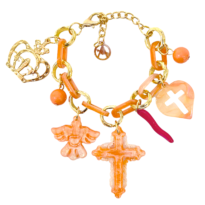 Bracelet en résine avec pendentifs croix Orange
