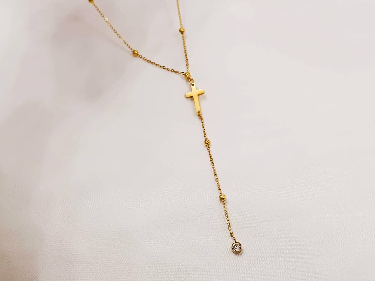 Collier ajustable en Y, croix et zircone, acier, or 18K PVD