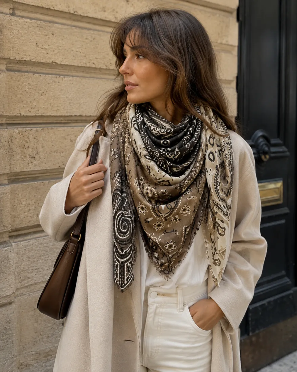 Echarpe Grand Carré Lainé Bandana pachwork: Beige – photo principale – Miss Cappuccino