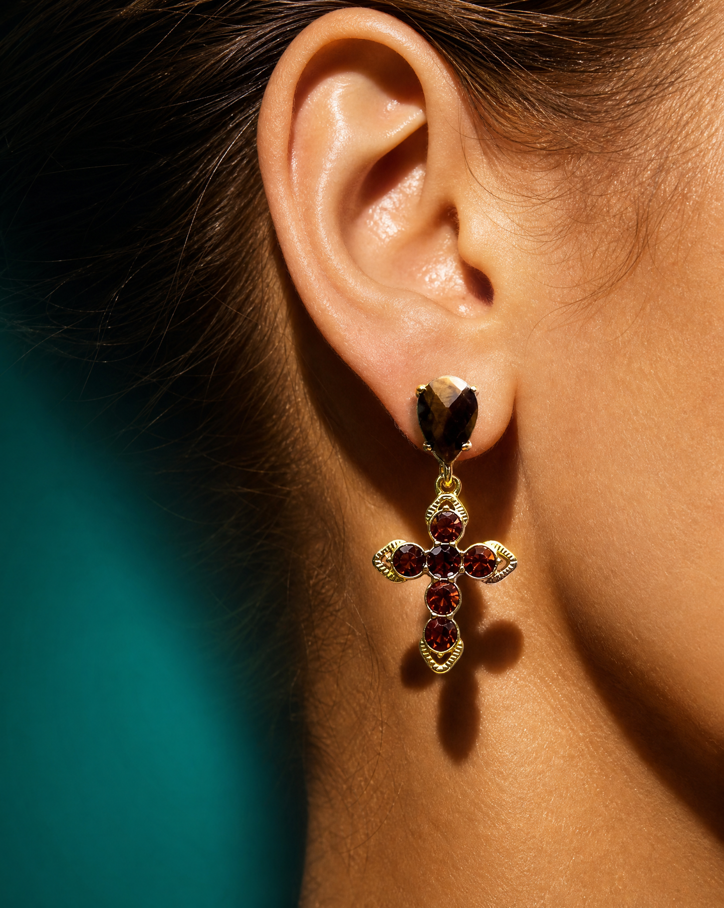 Boucles d'oreilles pendantes en croix | Zircon en pierre naturelle fait main: Tiger's Eye