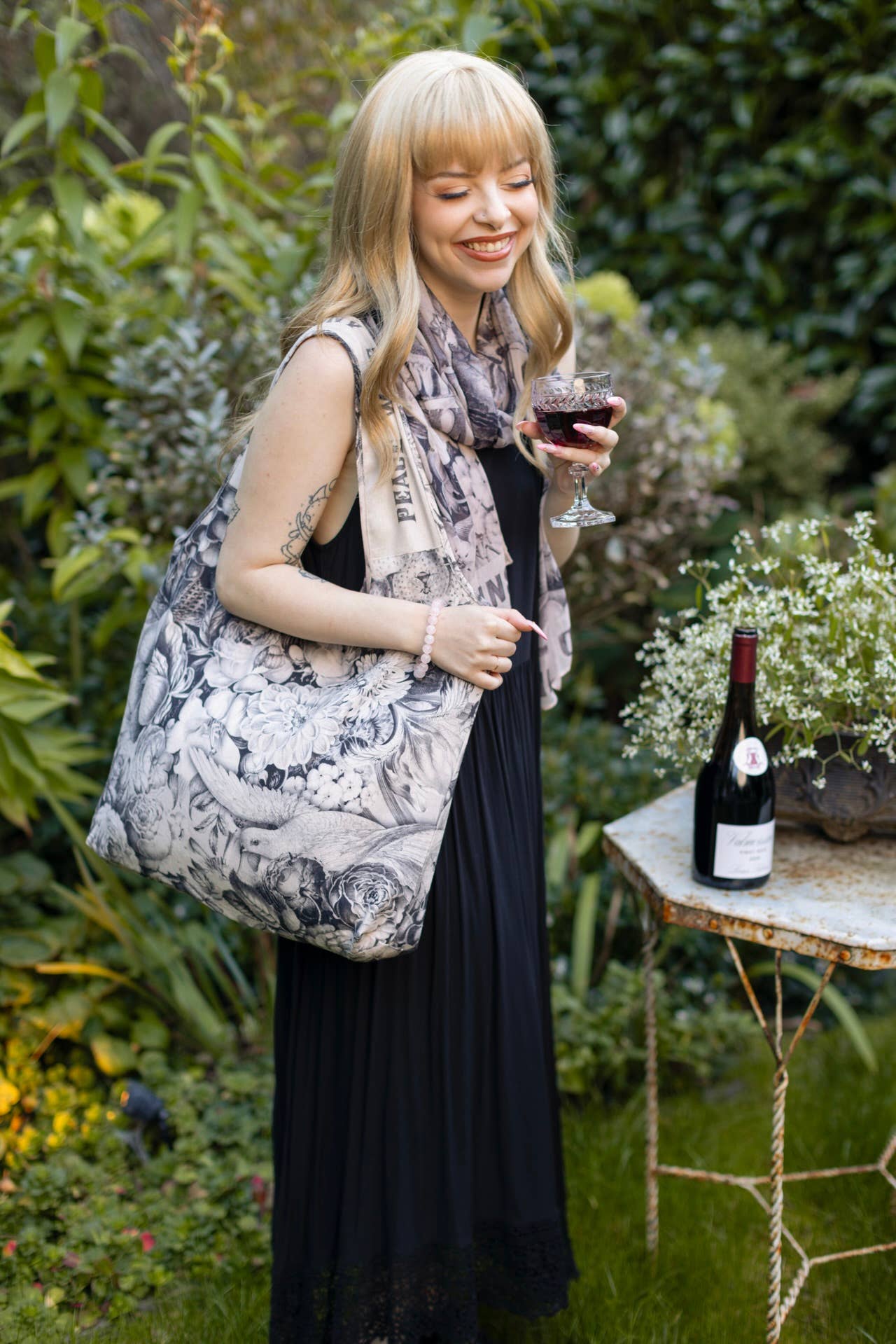 Sac fourre-tout en lin bohème floral Peace Wine & Sunshine, rose blush