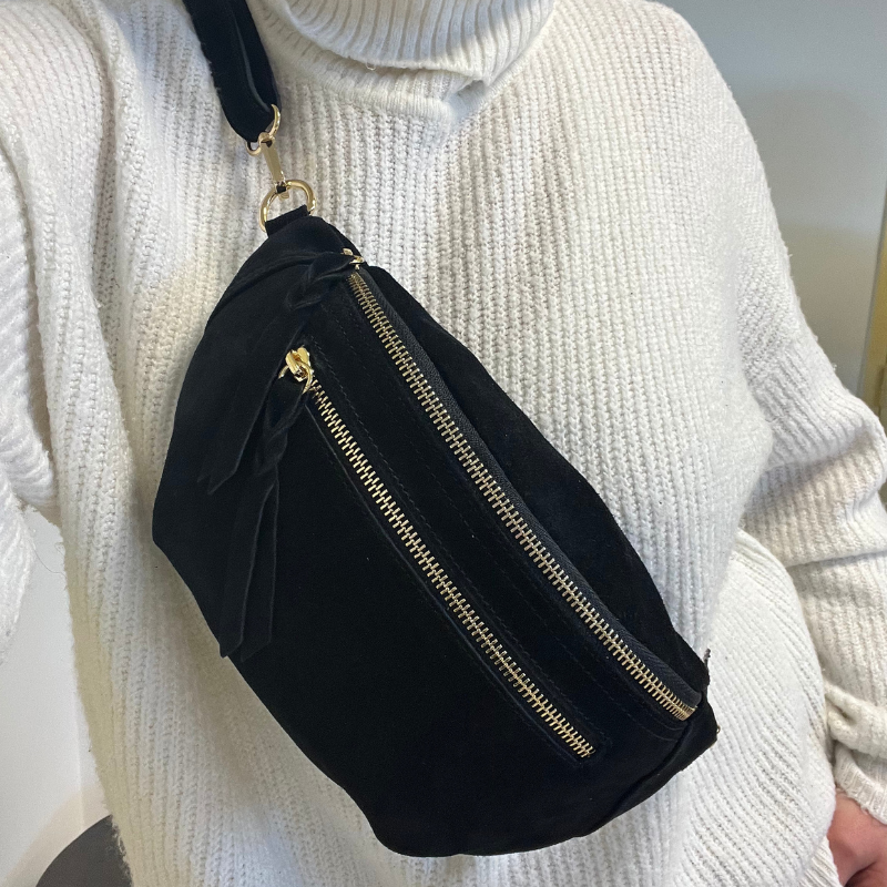 Sac banane double zip en cuir : Noir