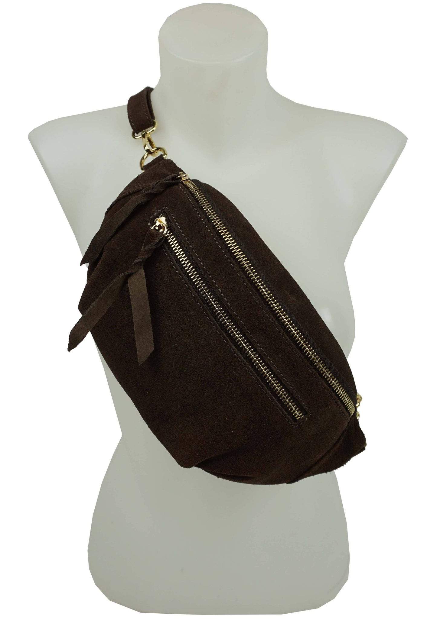 Sac banane double zip en cuir: Chocolat