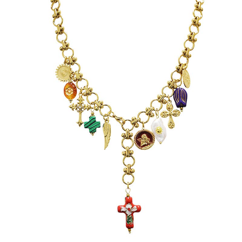 COLLIER EN Y RÉGLABLE AVEC BRELOQUES CROIX Multicolore