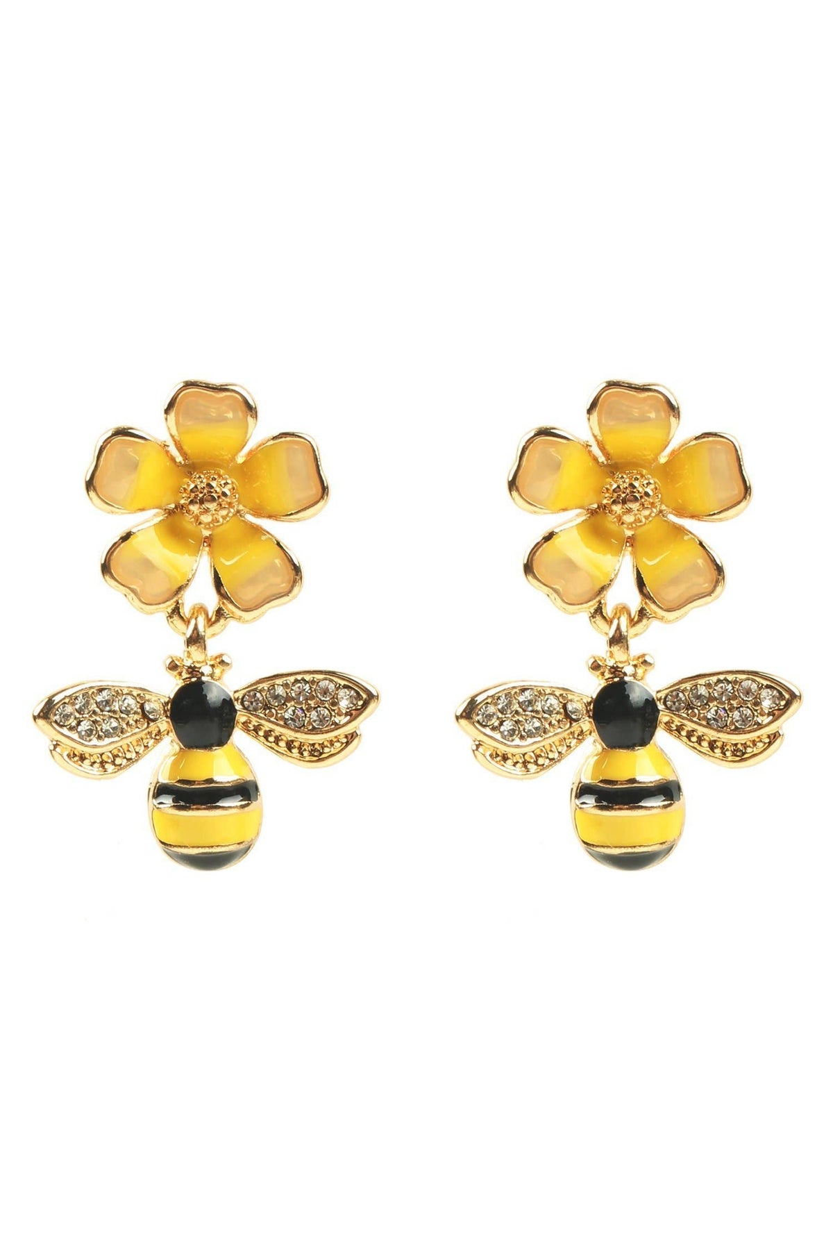 Boucles d'oreilles Abeille & Fleur – Émail Jaune & Cristaux Dorés – photo 3 – Miss Cappuccino