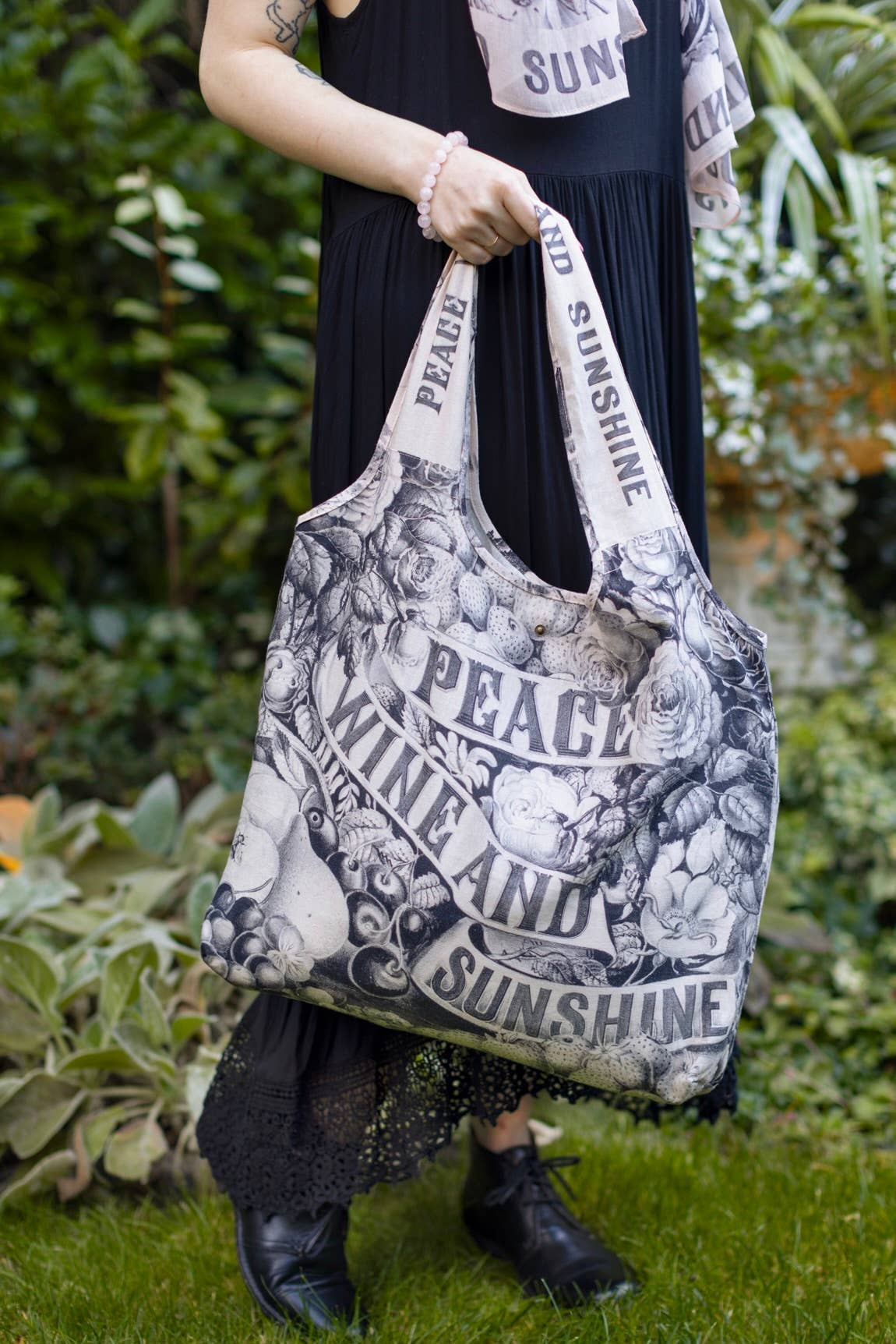 Sac fourre-tout en lin bohème floral Peace Wine & Sunshine, rose blush