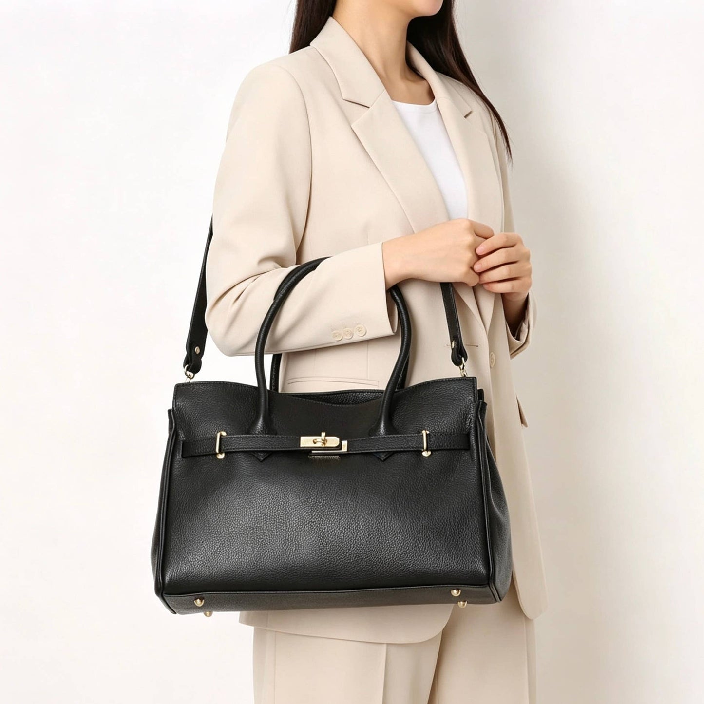 Sac à mains en véritable cuir martelé noir – Fabrication italienne