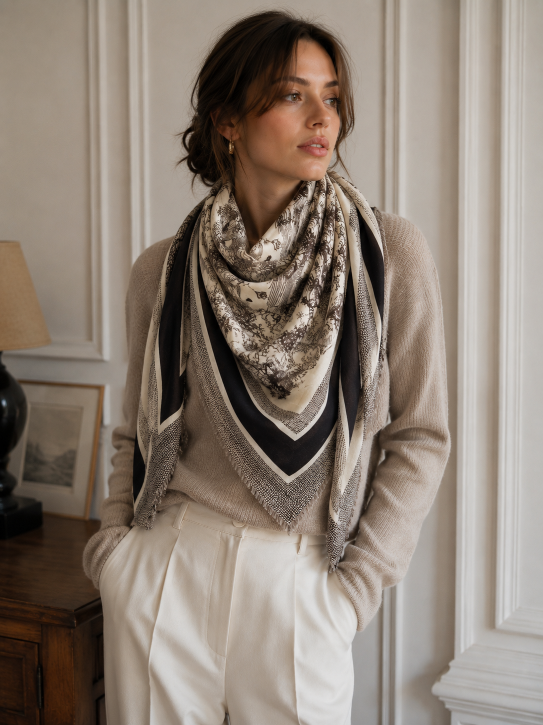 Foulard grand carré lainé motif Toile de Jouy: Bordeaux