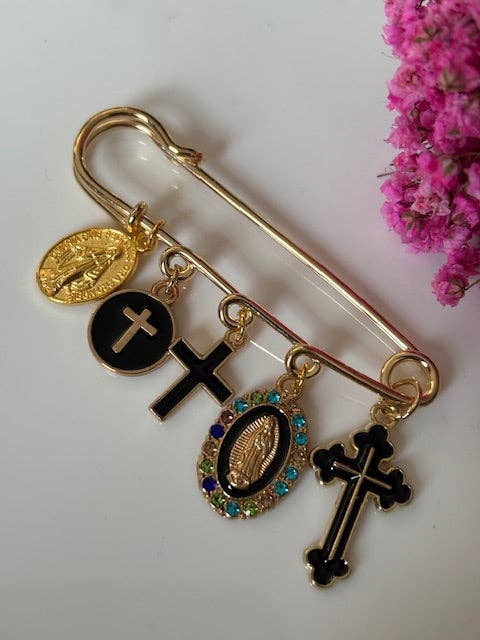 Broche ex voto croix et vierge noir