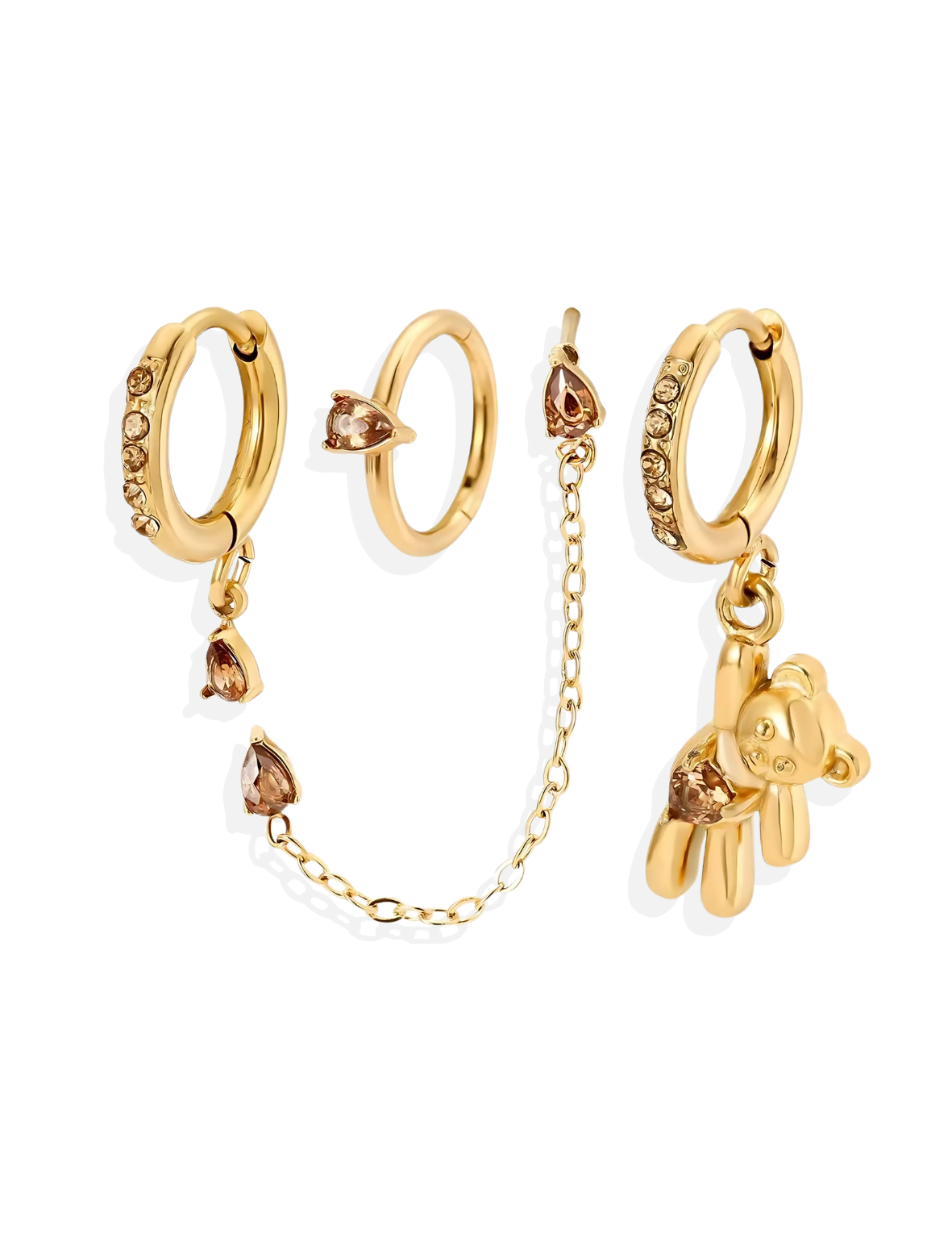 Ensemble de 4 Bijoux d’Oreilles Nounours Dorés en Acier Inoxydable