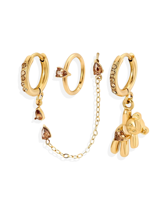 Ensemble de 4 Bijoux d’Oreilles Nounours Dorés en Acier Inoxydable
