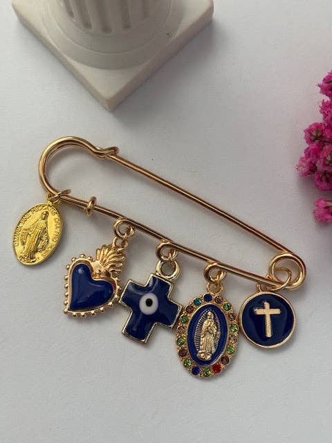 Ex voto brooch, religious medal brooch, lucky charm safety pin brooch, handmade cross and miraculous virgin with love.