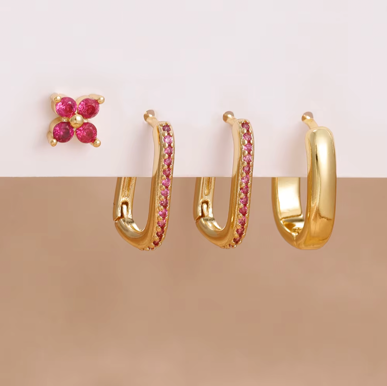 Sophia – Ensemble 4 Bijoux d’Oreilles Rose Rubis & Or