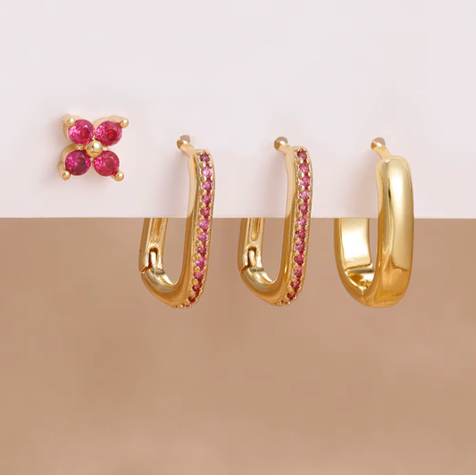 Sophia – Ensemble 4 Bijoux d’Oreilles Rose Rubis & Or
