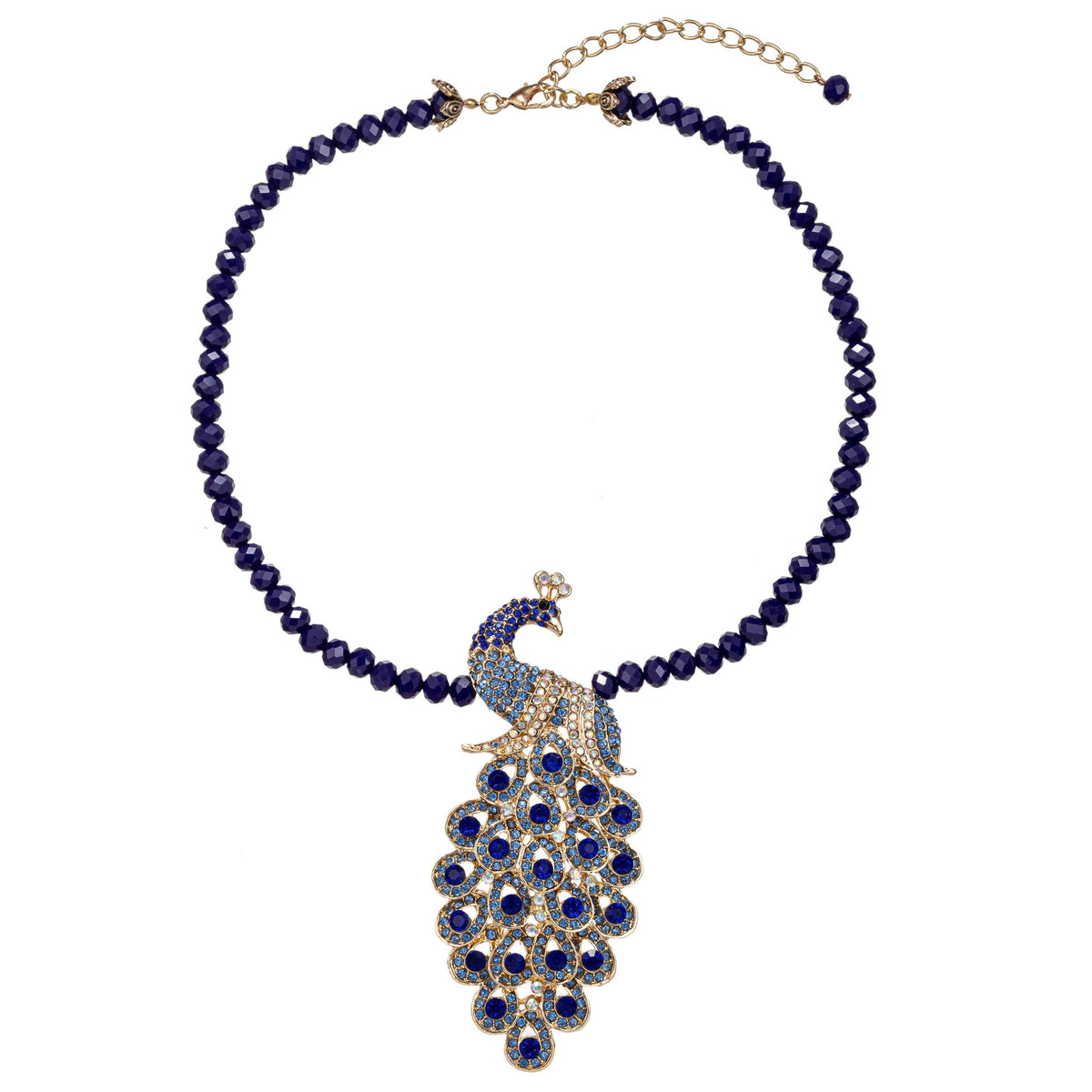 Collier Statement Paon Bleu – Perles de Verre & Cristaux Saphir