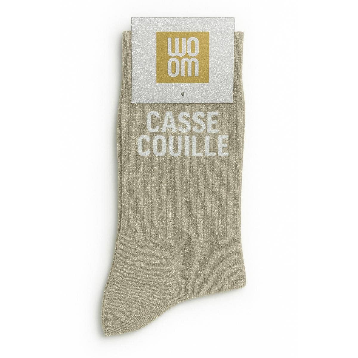 Chaussettes à Paillettes à Message "Casse Couille" Beige – photo principale – Miss Cappuccino