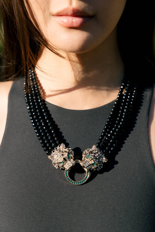 Collier Plastron Double Léopard & Perles d'Agate Noire – Cristaux Émeraude