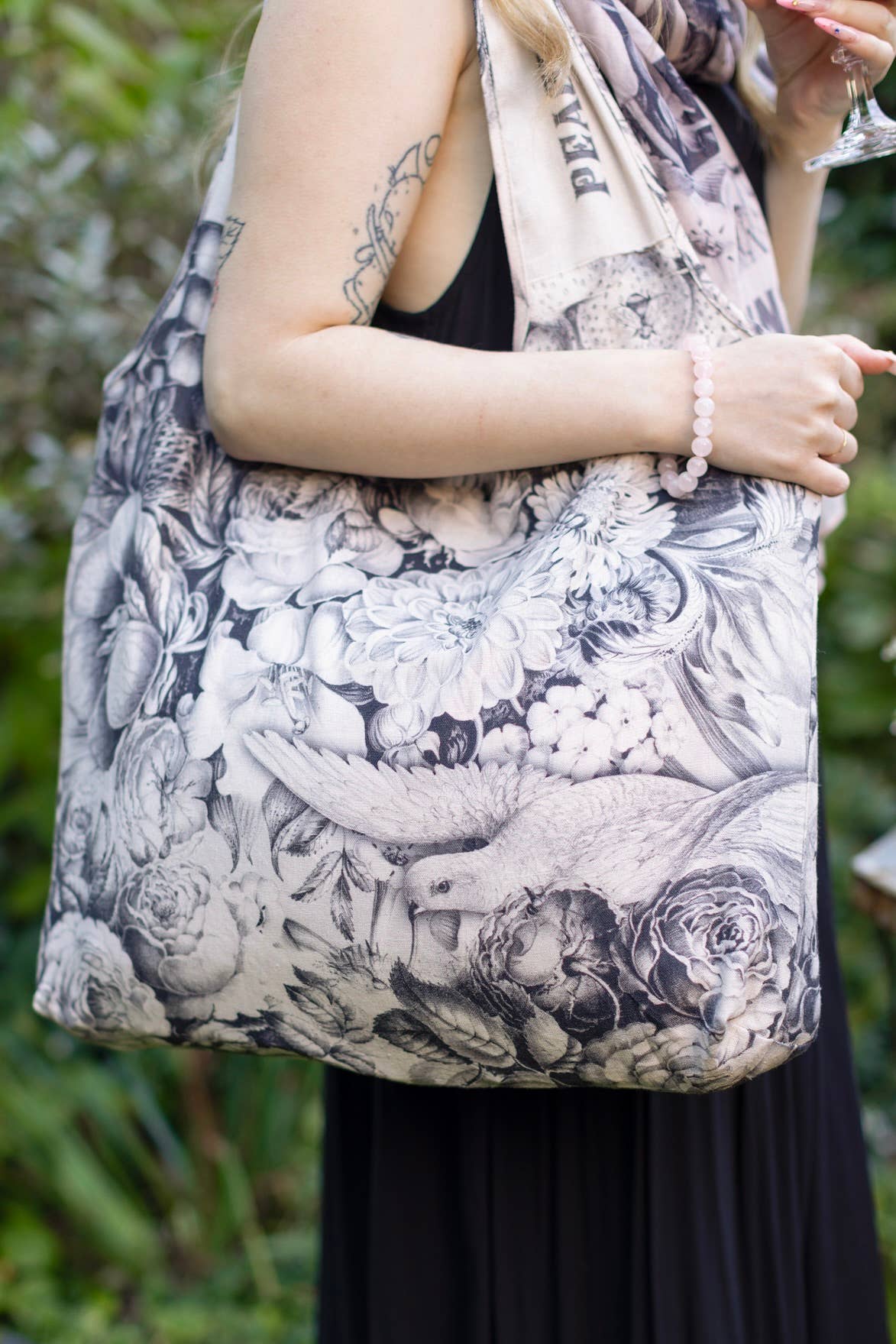 Sac fourre-tout en lin bohème floral Peace Wine & Sunshine, rose blush