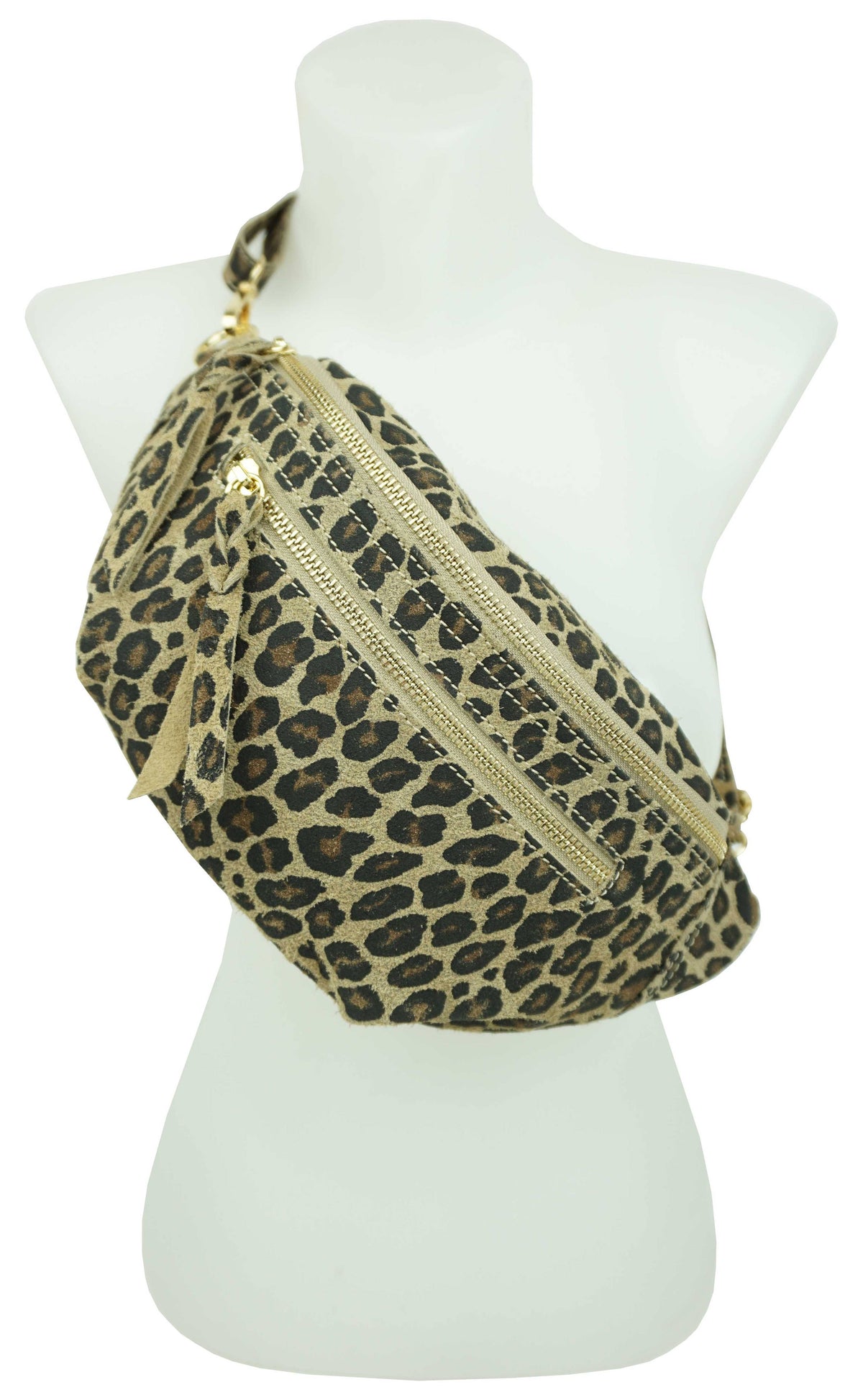 Sac banane double zip en cuir : Léopard – photo 2 – Miss Cappuccino