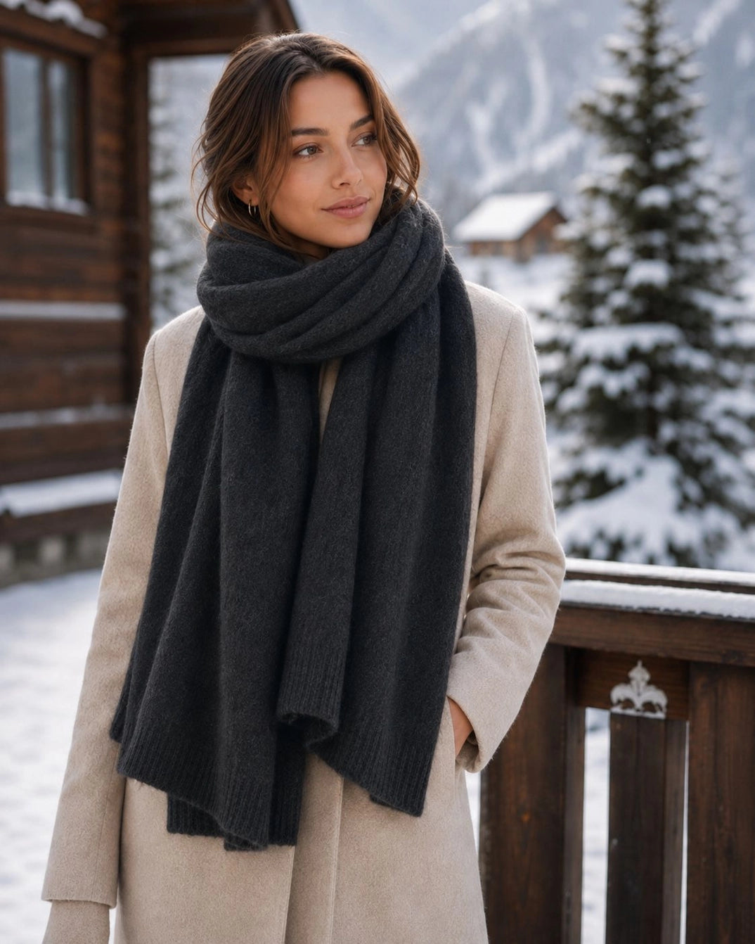 Écharpe femme en viscose, laine et cachemire – Noire