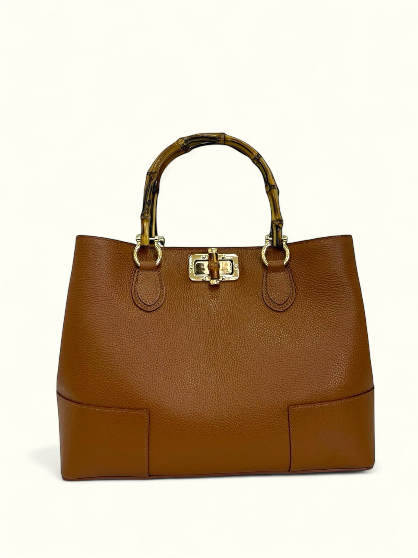 Sac en cuir avec poignées en bambou naturel: CAMEL