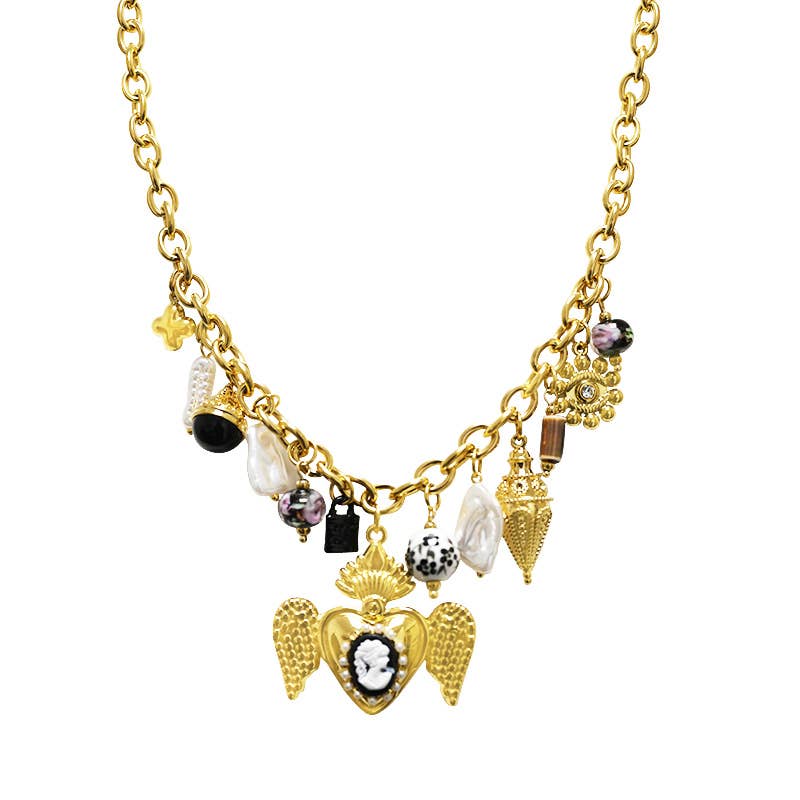COLLIER À CHAÎNE AVEC BRELOQUES CŒUR SACRÉ AVEC AILES