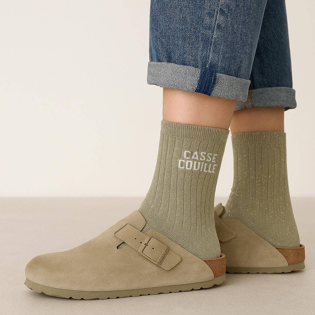 Chaussettes à Paillettes à Message "Casse Couille" Beige – photo 3 – Miss Cappuccino