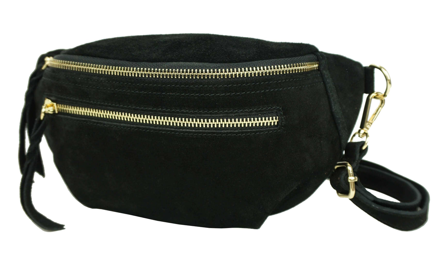Sac banane double zip en cuir : Noir