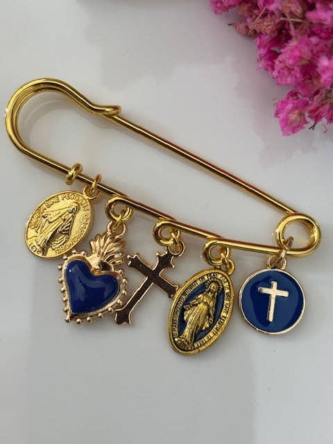 Broche ex voto médaille religieuse,bleu