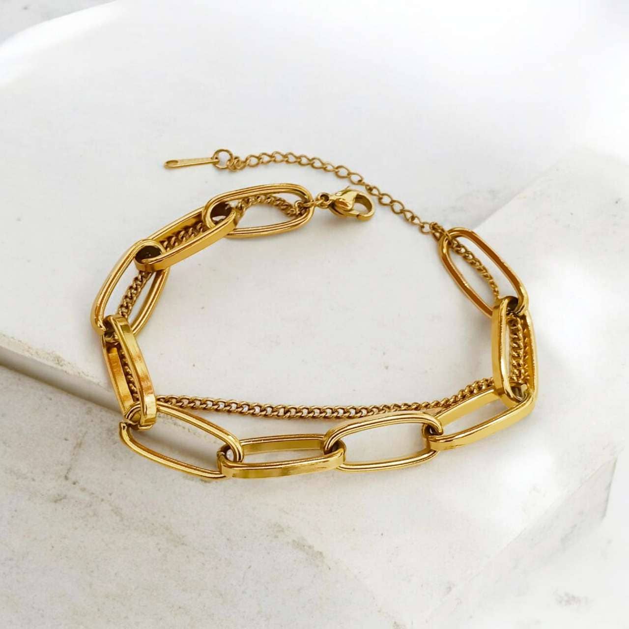 Bracelet large double chaîne à clip en acier doré 18K PVD