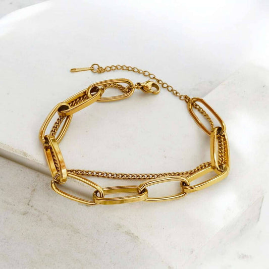 Bracelet large double chaîne à clip en acier doré 18K PVD