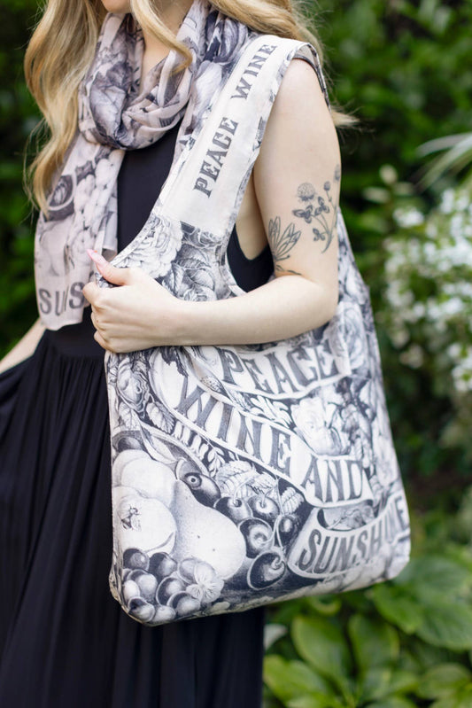 Sac fourre-tout en lin bohème floral Peace Wine & Sunshine, rose blush