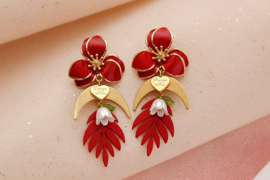 Boucles d'oreilles à fermoir fleurs rouges