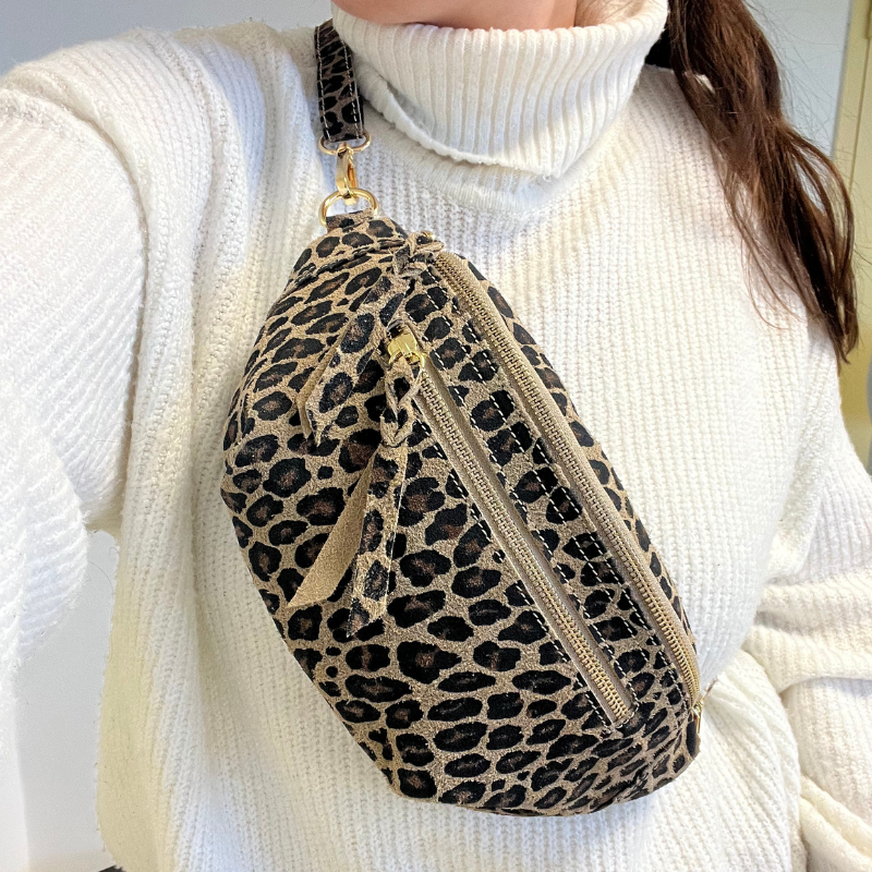 Sac banane double zip en cuir : Léopard