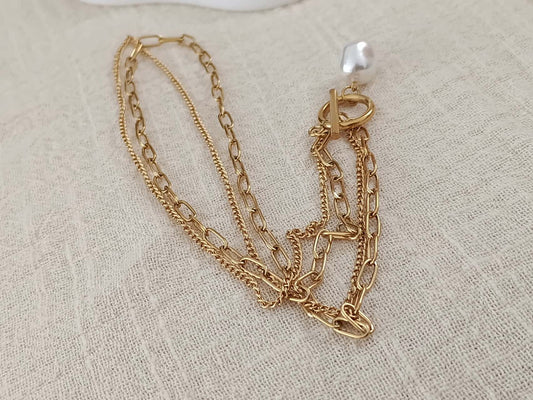 Collier double chaîne perle fermoir T-bar acier doré PVD 18K: Modelo 1
