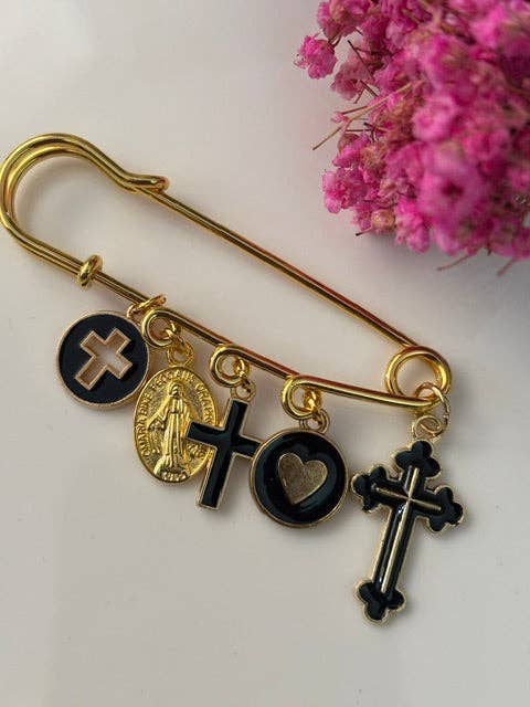 broche croix médaille religieuse noir