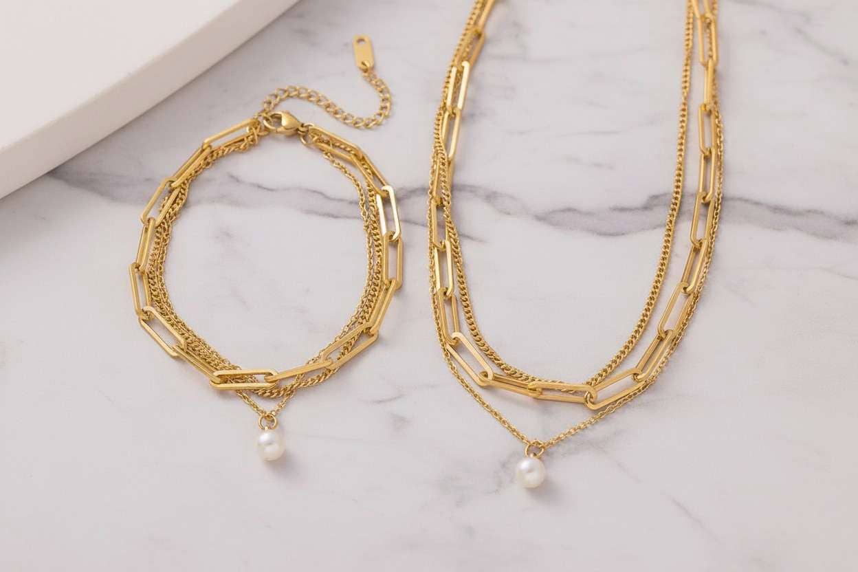 Ensemble de bijoux : collier avec perle et bracelet en acier doré 18K PVD: Seulement bracelet