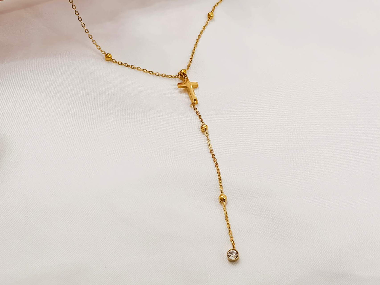 Collier ajustable en Y, croix et zircone, acier, or 18K PVD