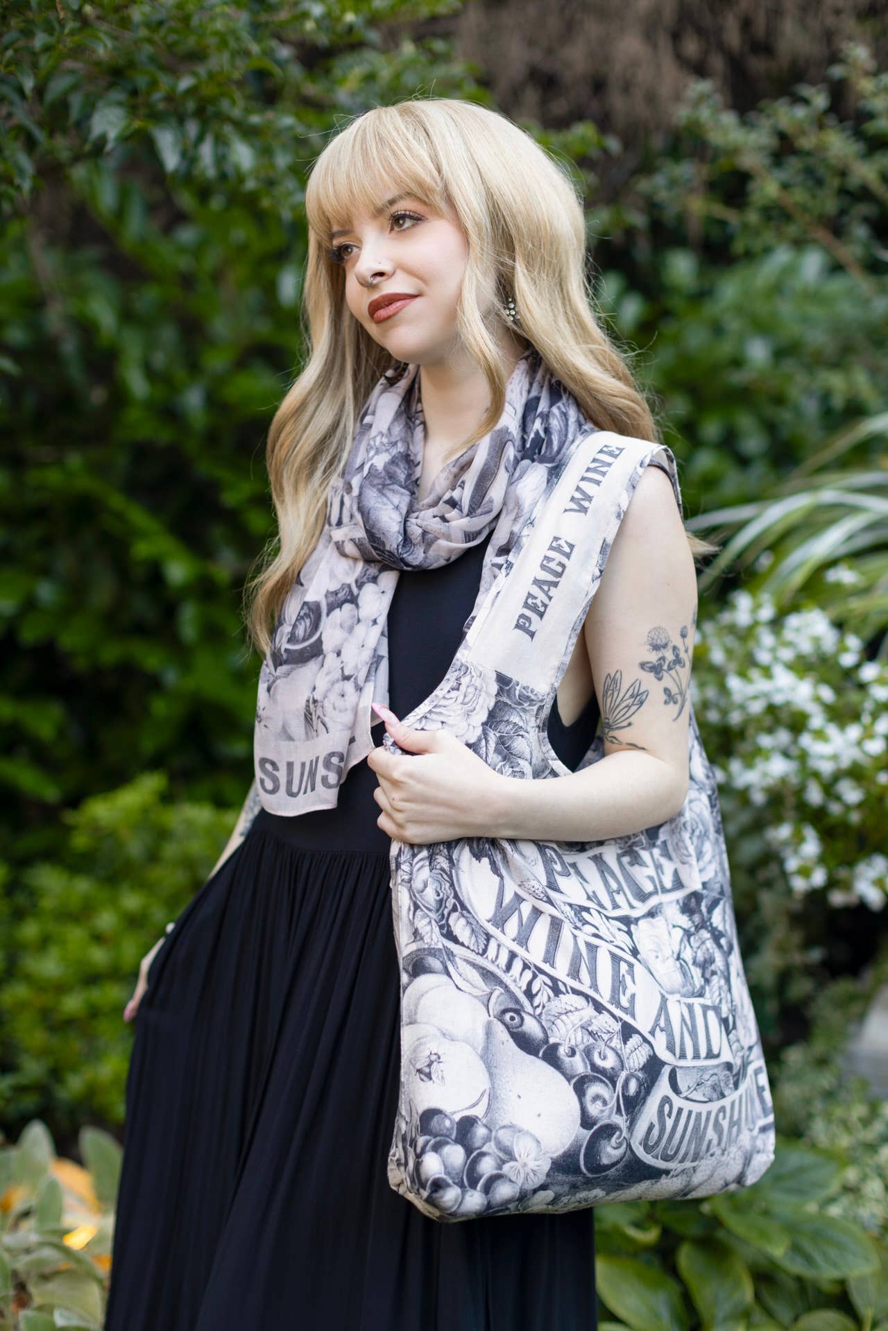Sac fourre-tout en lin bohème floral Peace Wine & Sunshine, rose blush