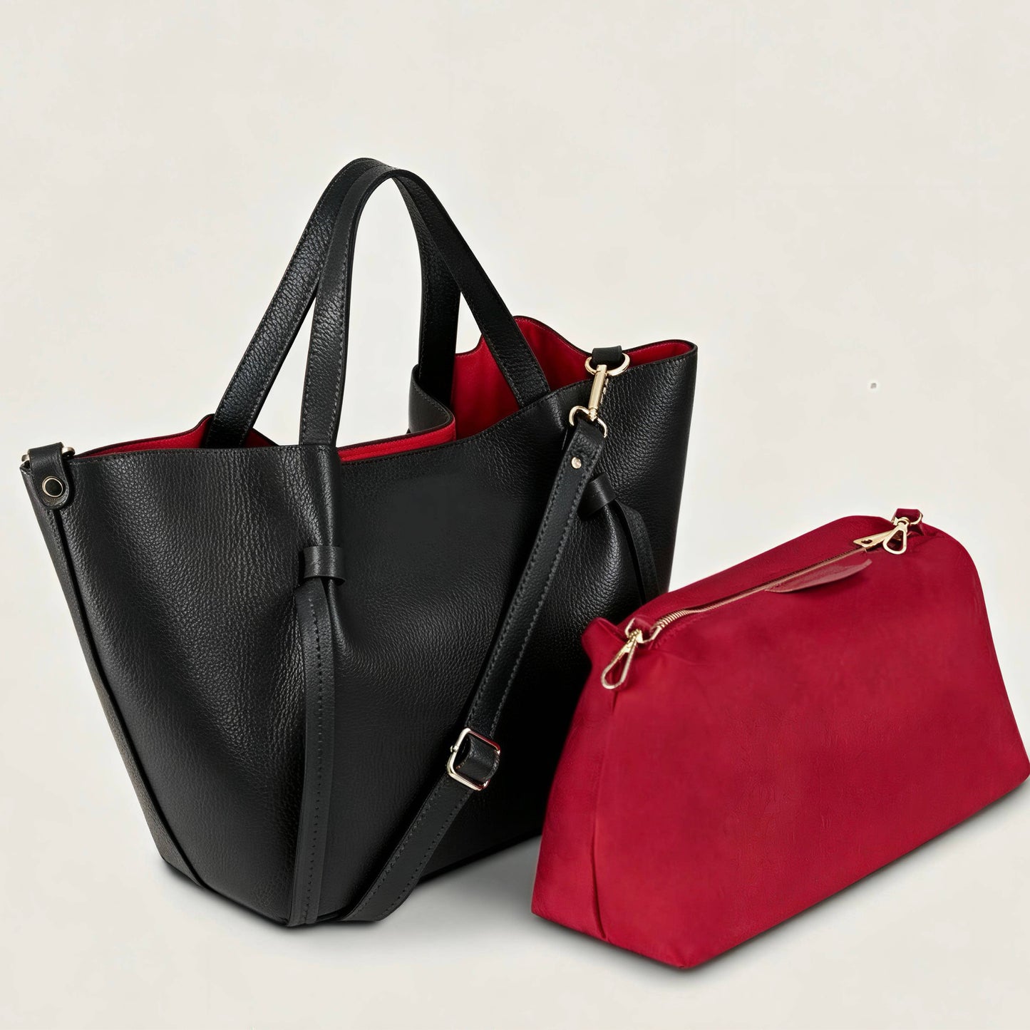 Sac à main en cuir grainé noir – Porté épaule avec pochette