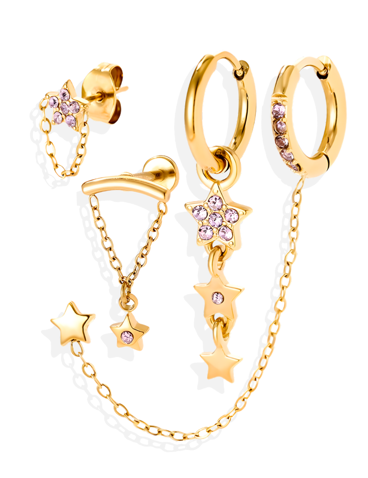 Ensemble de 4 Bijoux d’Oreilles Étoiles Dorés en Acier Inoxydable