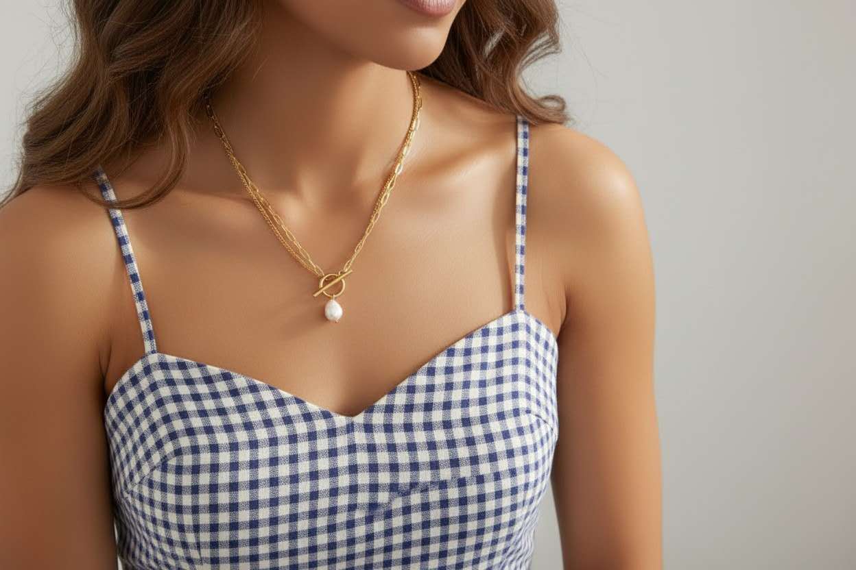 Collier double chaîne perle fermoir T-bar acier doré PVD 18K: Modelo 1