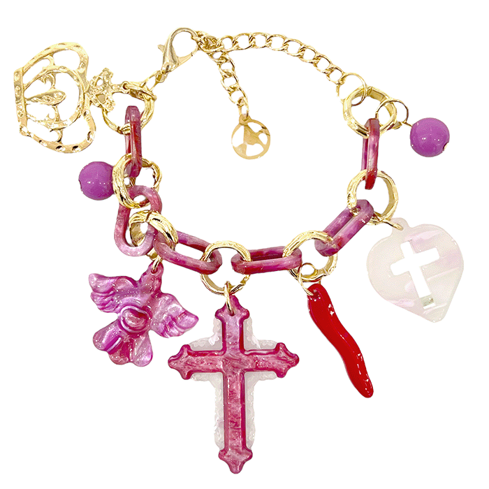 Bracelet en résine avec pendentifs croix Fuchsia